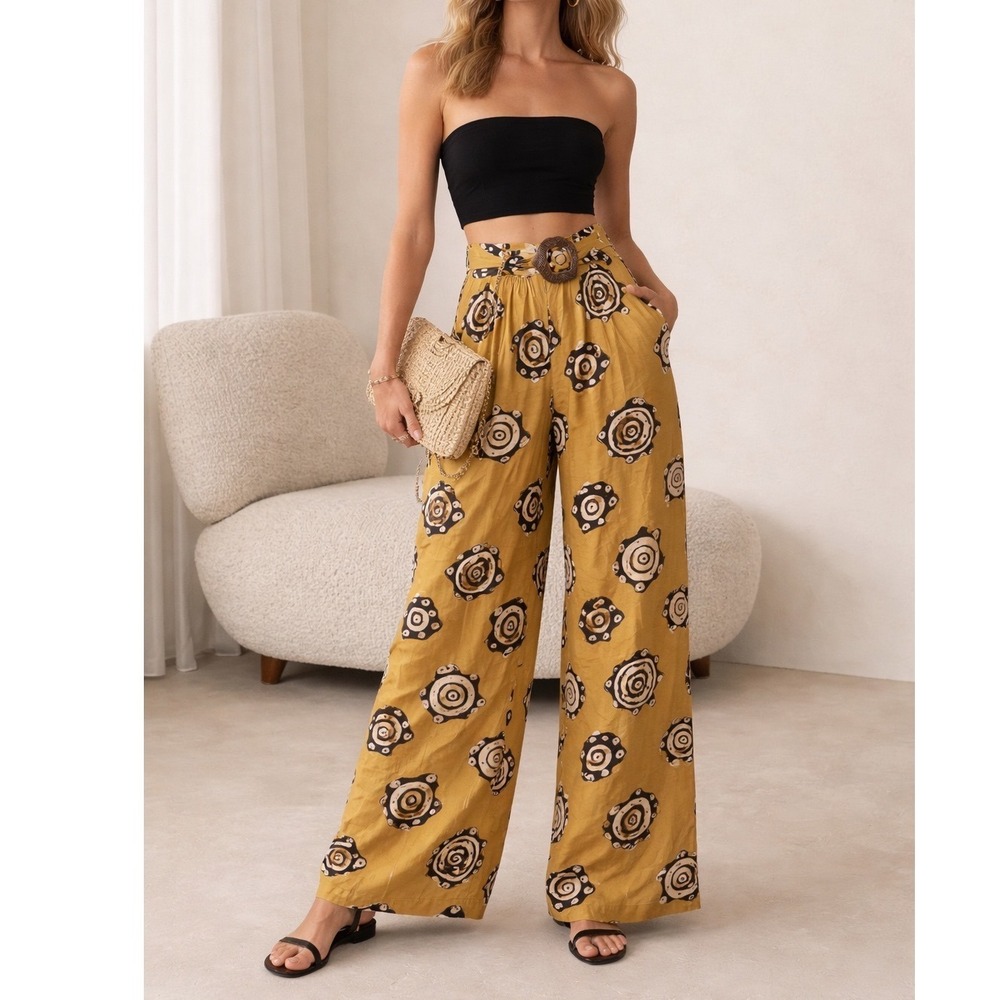 Rare Vintage LA Designer Antony Moorcroft Ochre Sunburst Print Palazzo Pants S